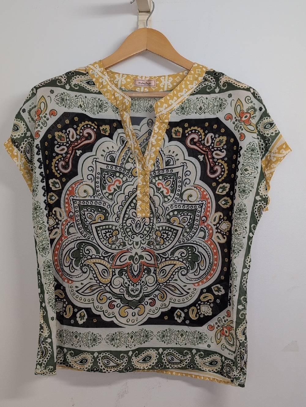 Printed Short-Sleeve Blouse in Green, Yellow & Black